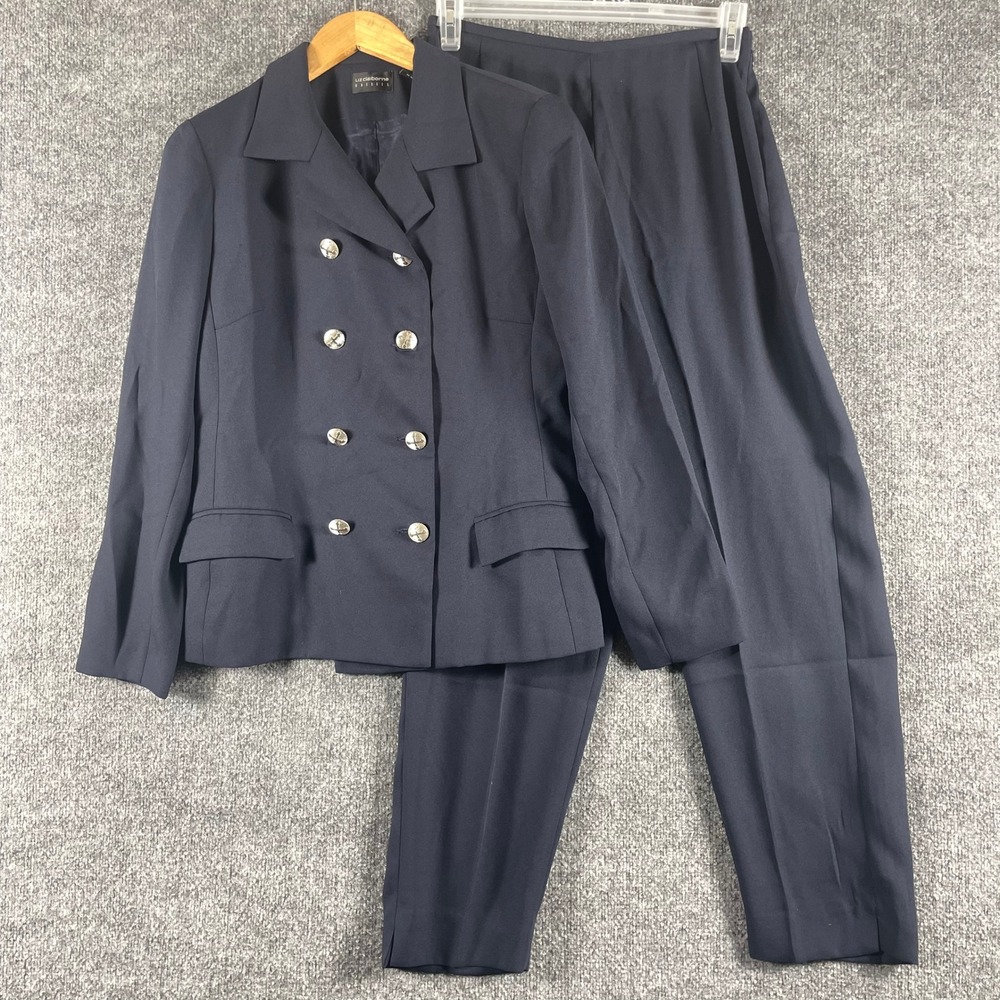 Liz Claiborne Pant Suit Set Womens 10 Blue Double Breasted Military Professional